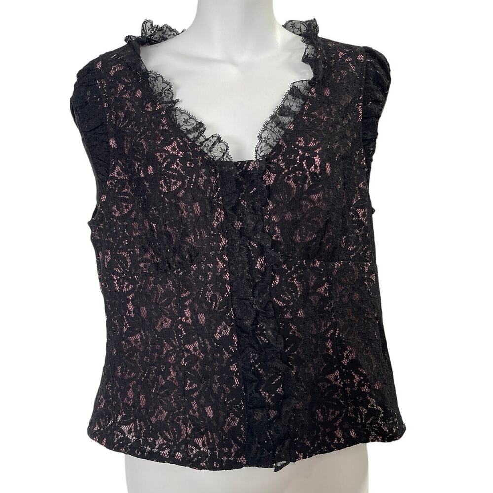 Kenneth Cole Black Lace Blouse Womens 12 Pink Lined Ruffle V Neck Romantic Goth